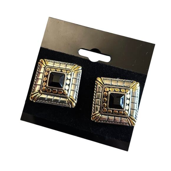 Vintage Signed DP Silver Tone Gold Tone Earrings Chunky Square Black Stone - Picture 1 of 9